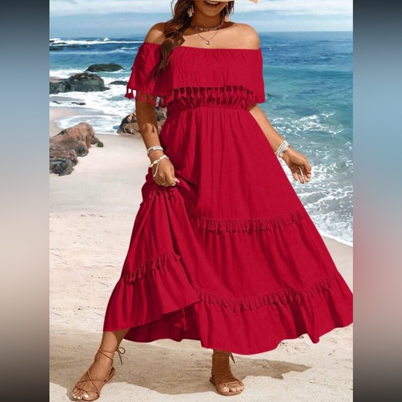 Boho plus size off shoulder tassel detail maxi dress - Picture 5 of 16